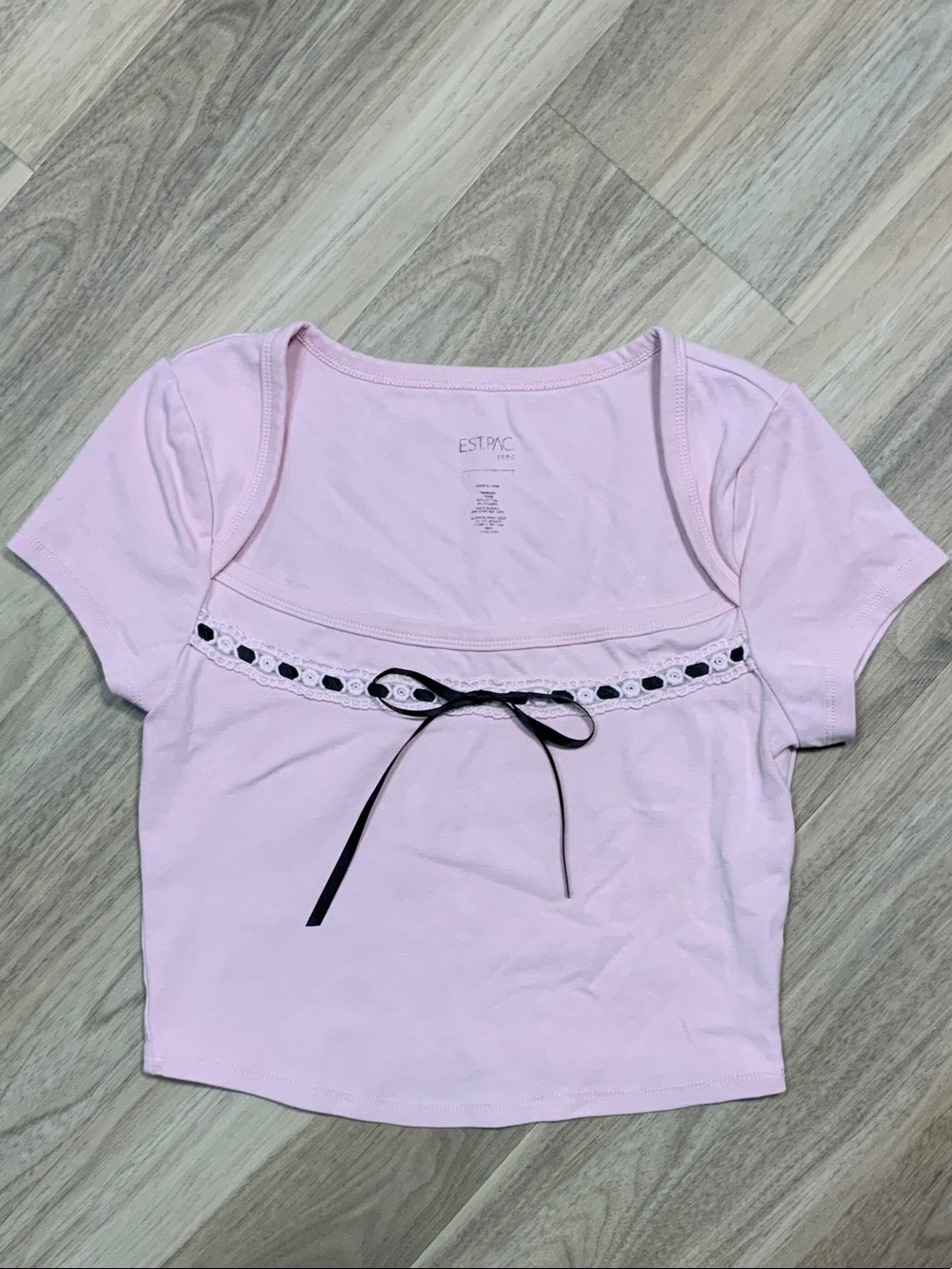 Pink Short Sleeve Babydoll Top with Black Ribbon